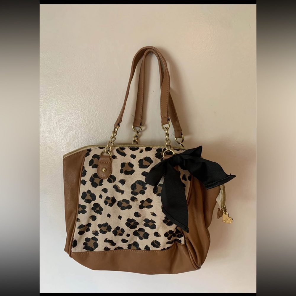 Betsy Johnson Leopard Print Tote Bag with Black Bow Accent